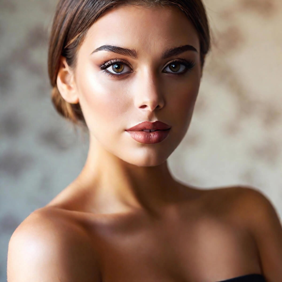 Macro close up photo of model woman face with brown make up, green eyes